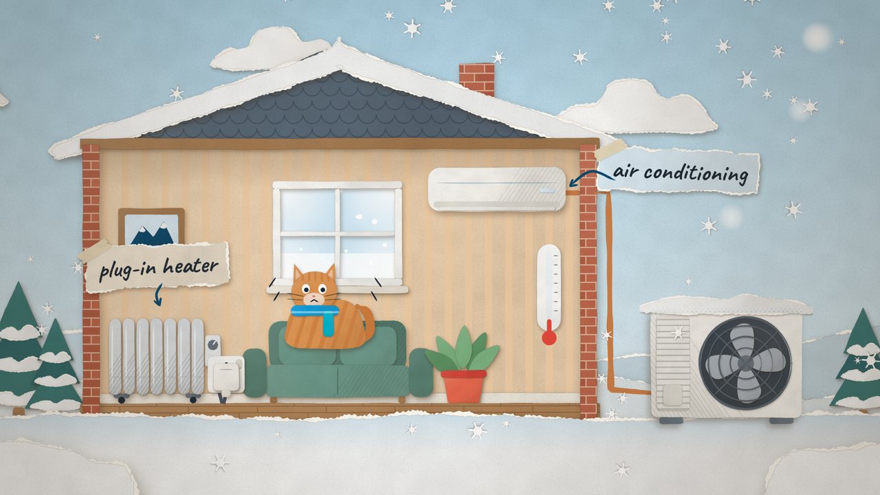 Paper-collage house in the snow: a plug-in heater on one side of the room and a wall-mounted air conditioner on the other, with its outdoor unit outside.